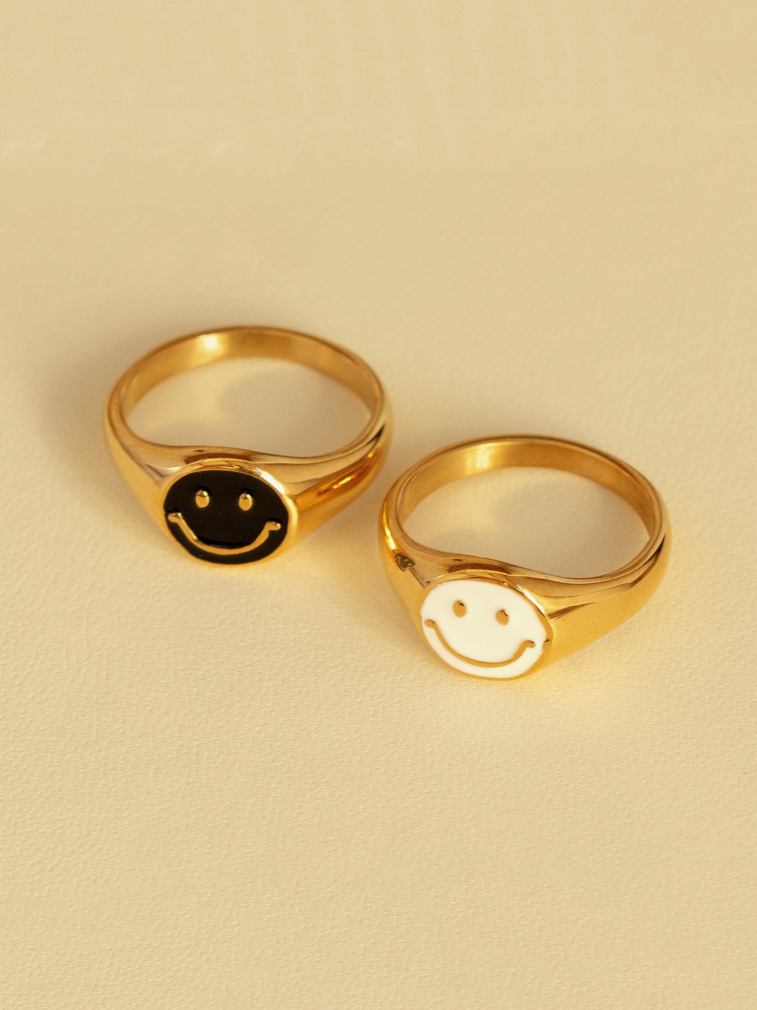 Gold Happy Face Signet Ring - Black Enamel