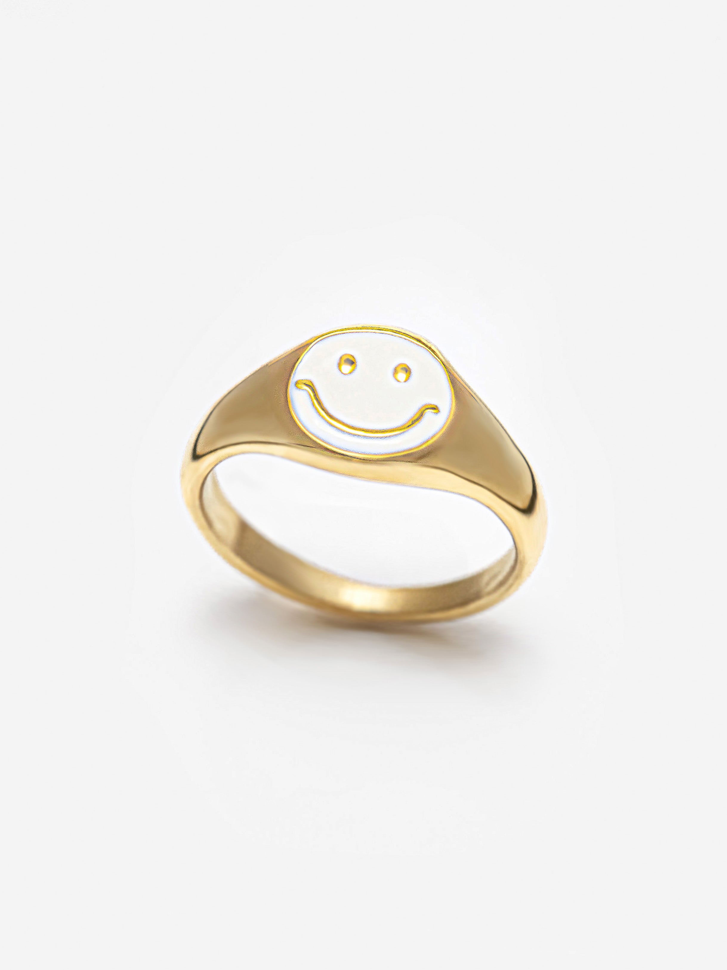 Gold Happy Face Signet Ring - White Enamel