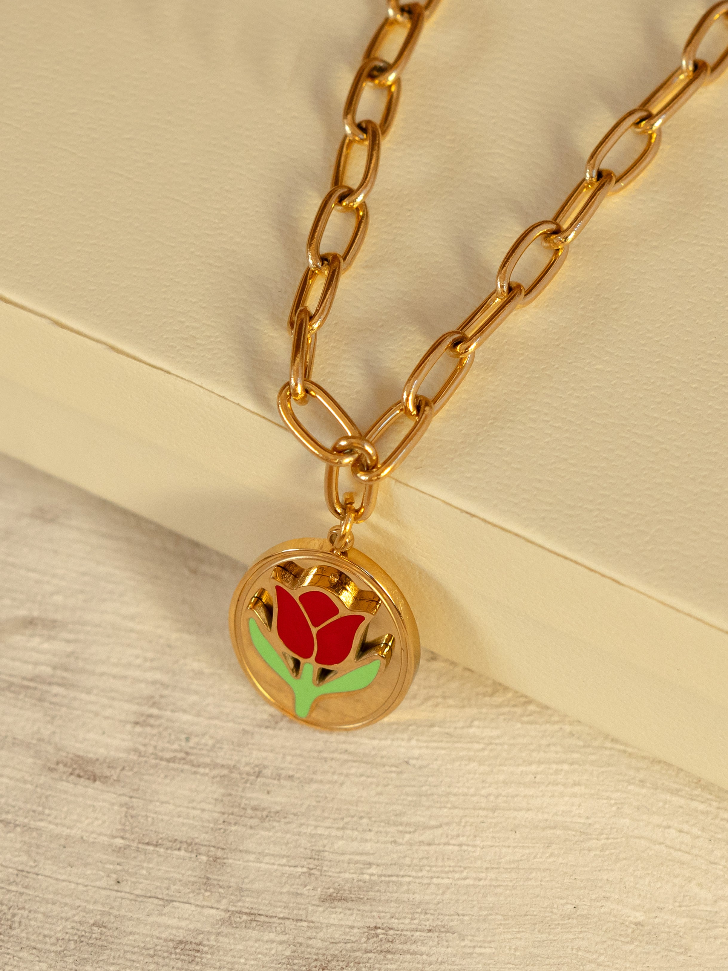 Gold Link Chain Necklace With Enamel Tulip Coin