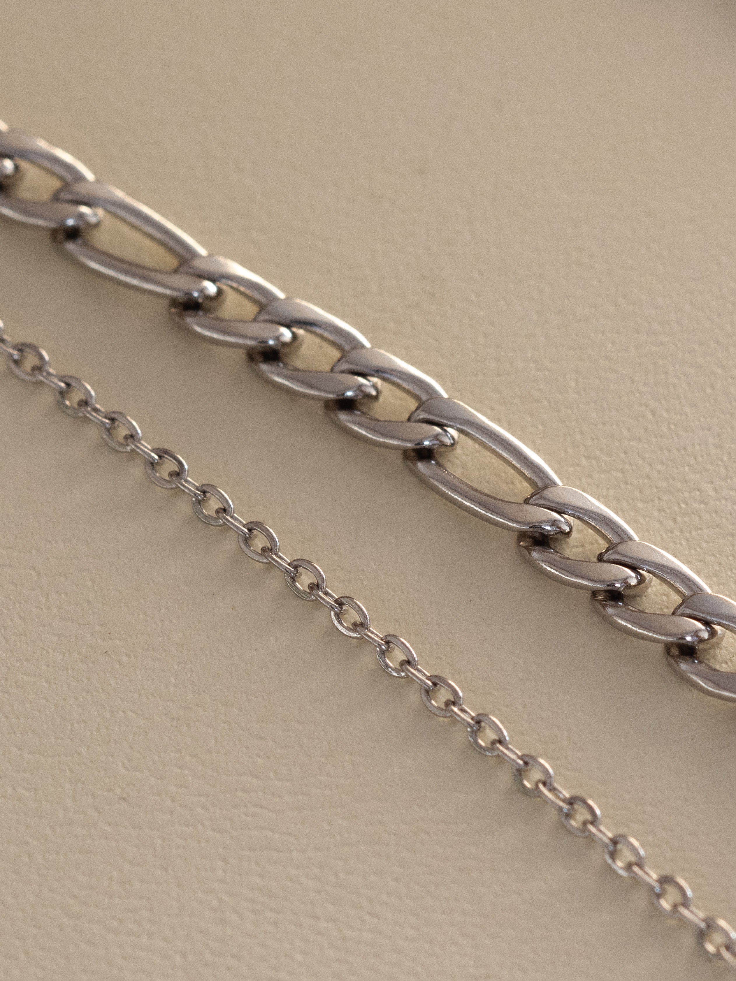 Silver Layered Necklace With Figaro & Cable Chain