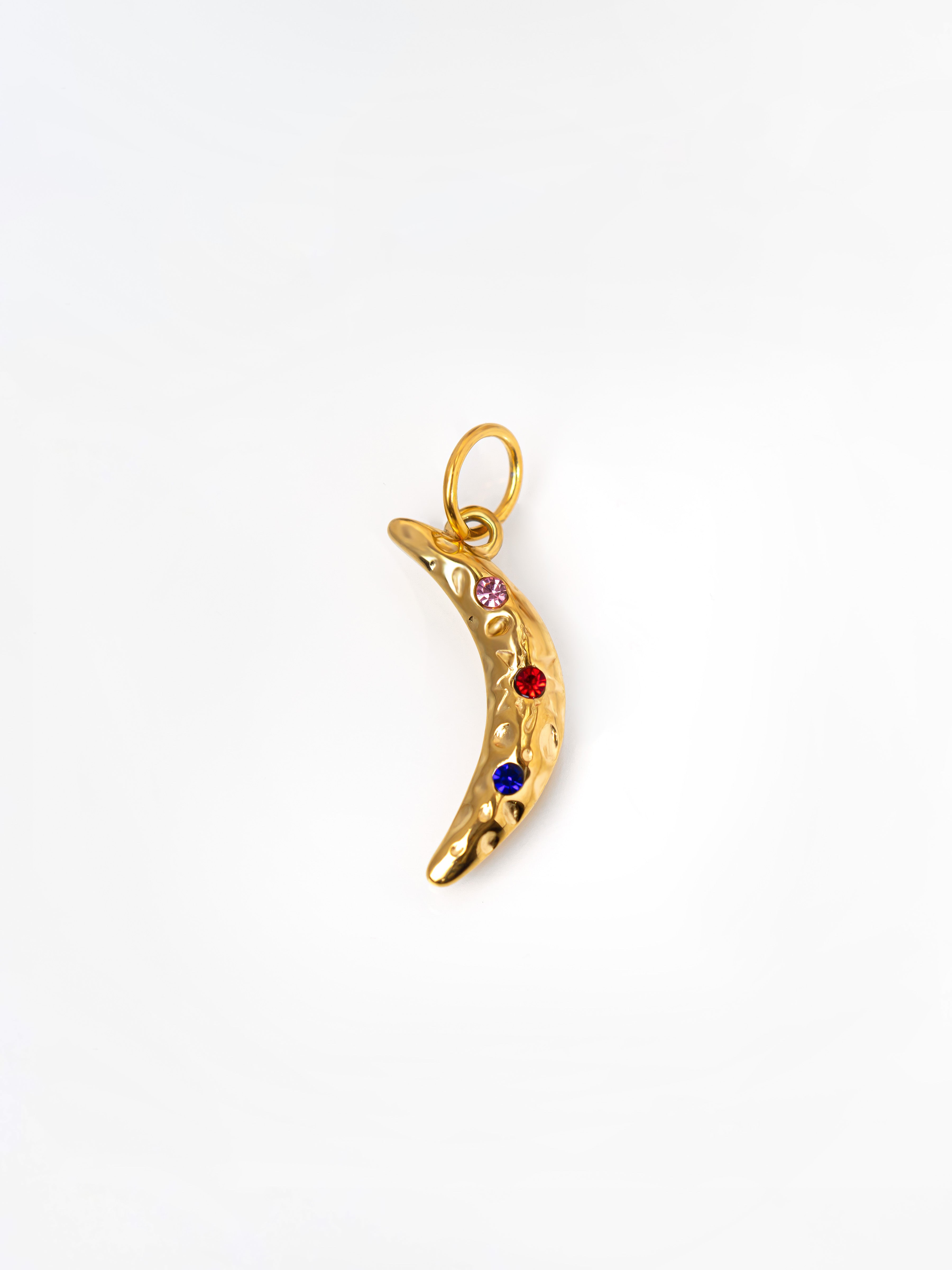 Gold Crescent Moon Pendant / Charm With Star & Colourful Stones