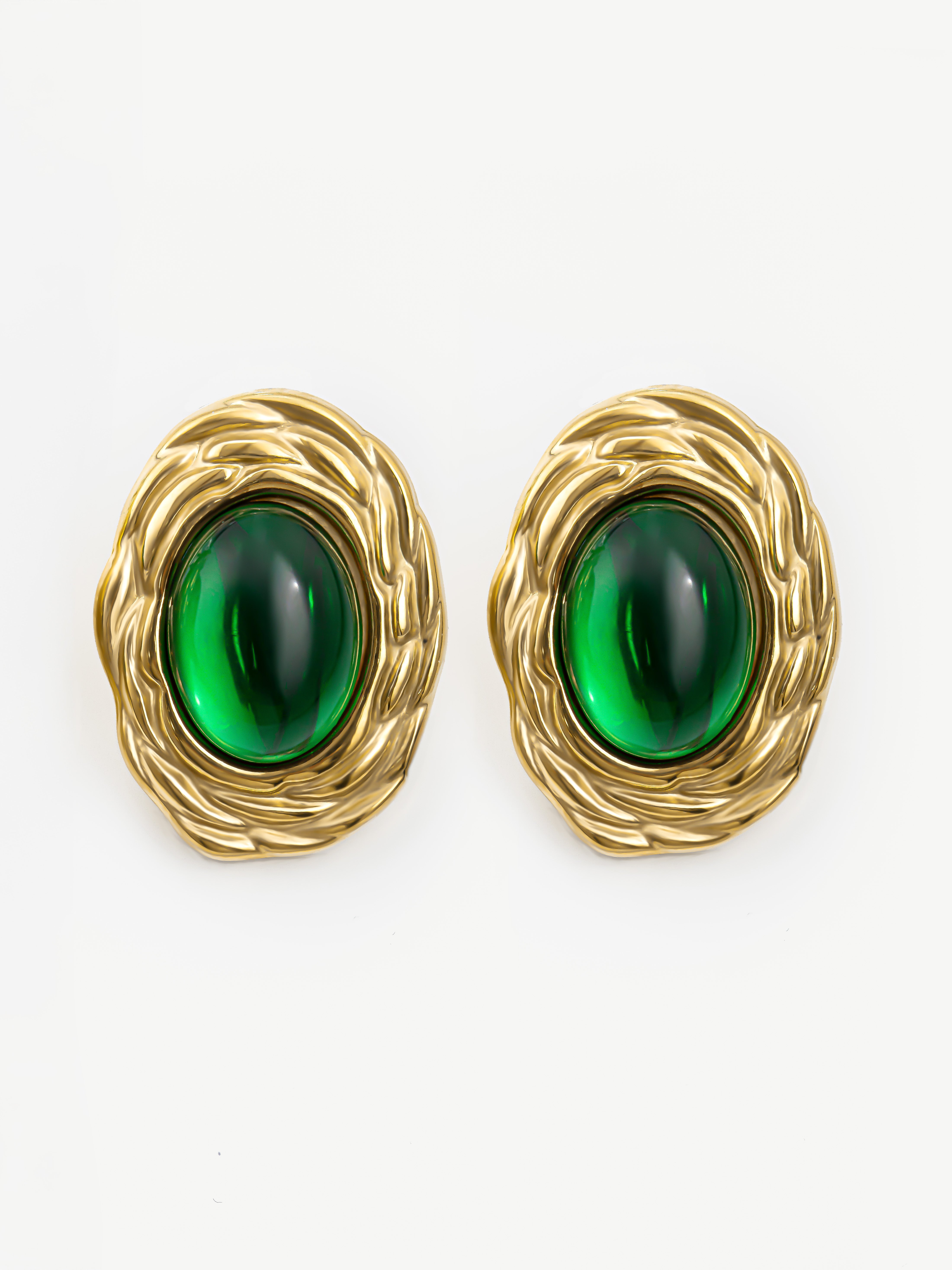 Vintage Oval Stud Earrings With Emerald Green Stone