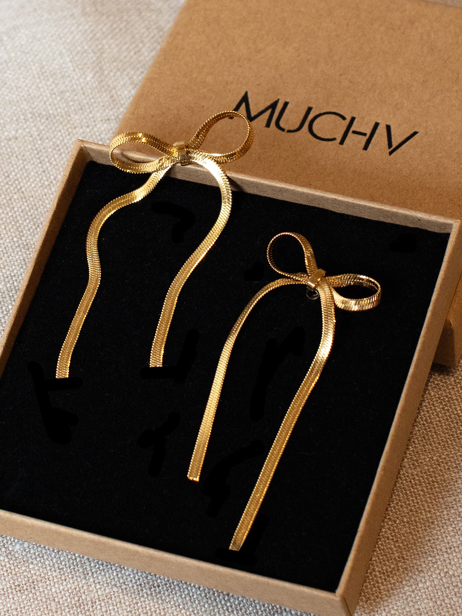Gold Bow Stud Earrings With Herringbone Chain