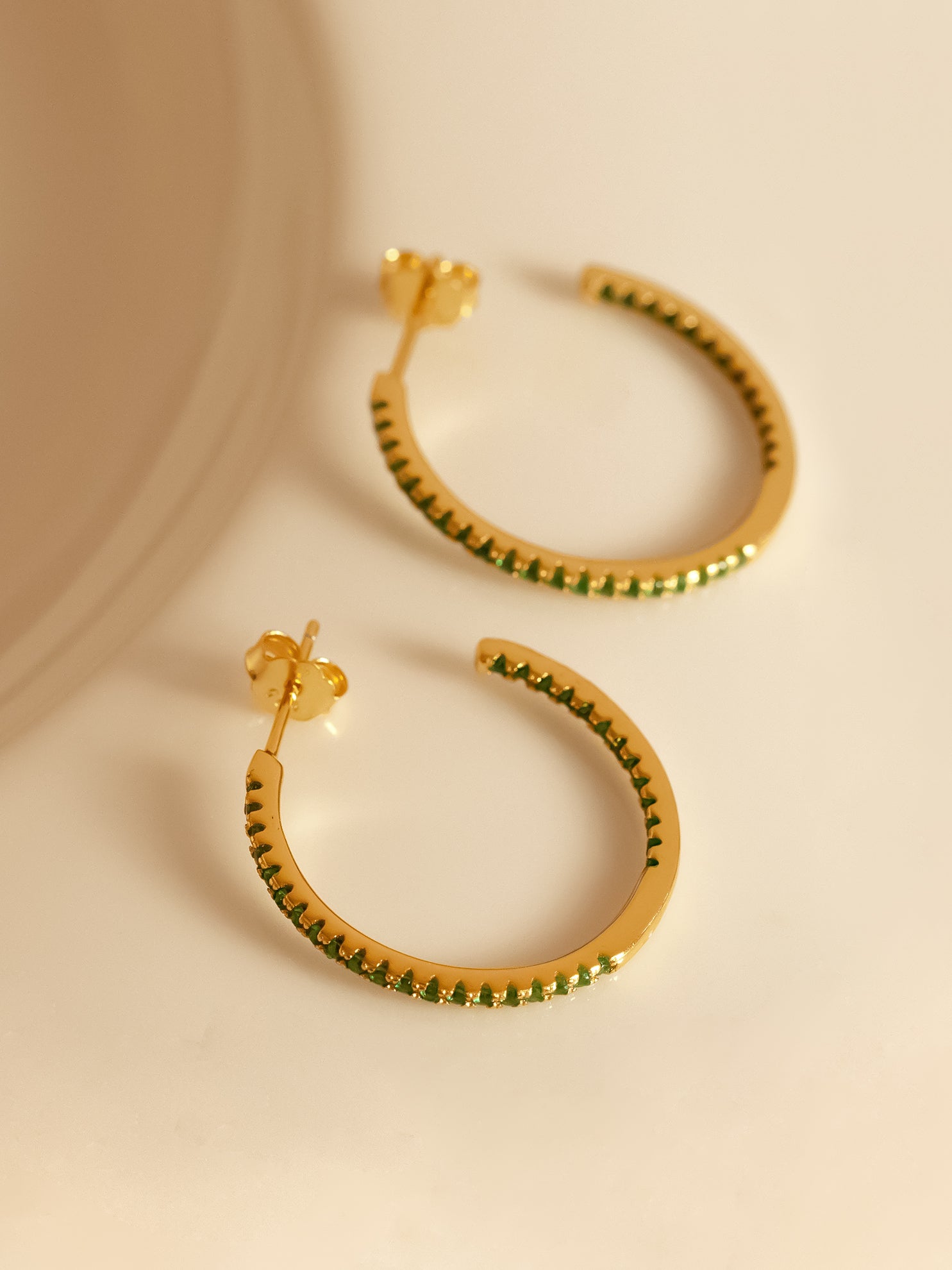 Gold Thin Hoop Earrings With Emerald Green Stones