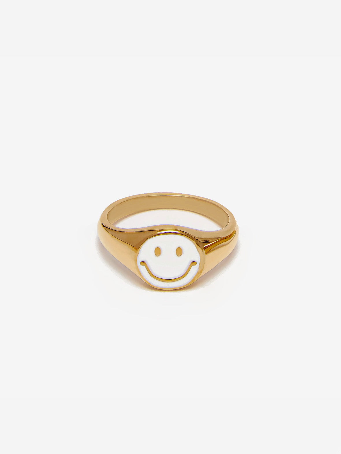 Gold Happy Face Signet Ring - White Enamel