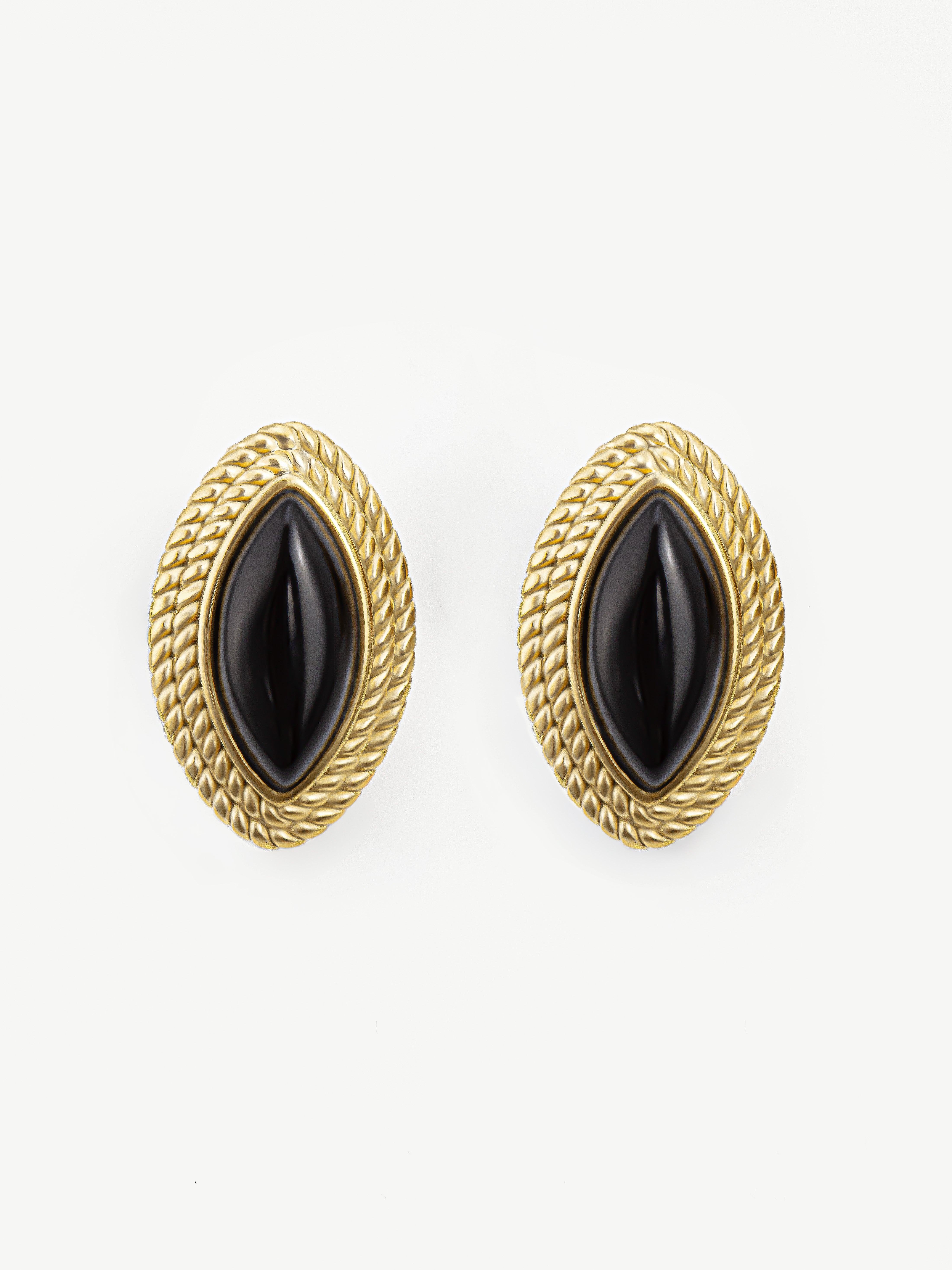 Oval Marquise Stud Earrings With Black Stone