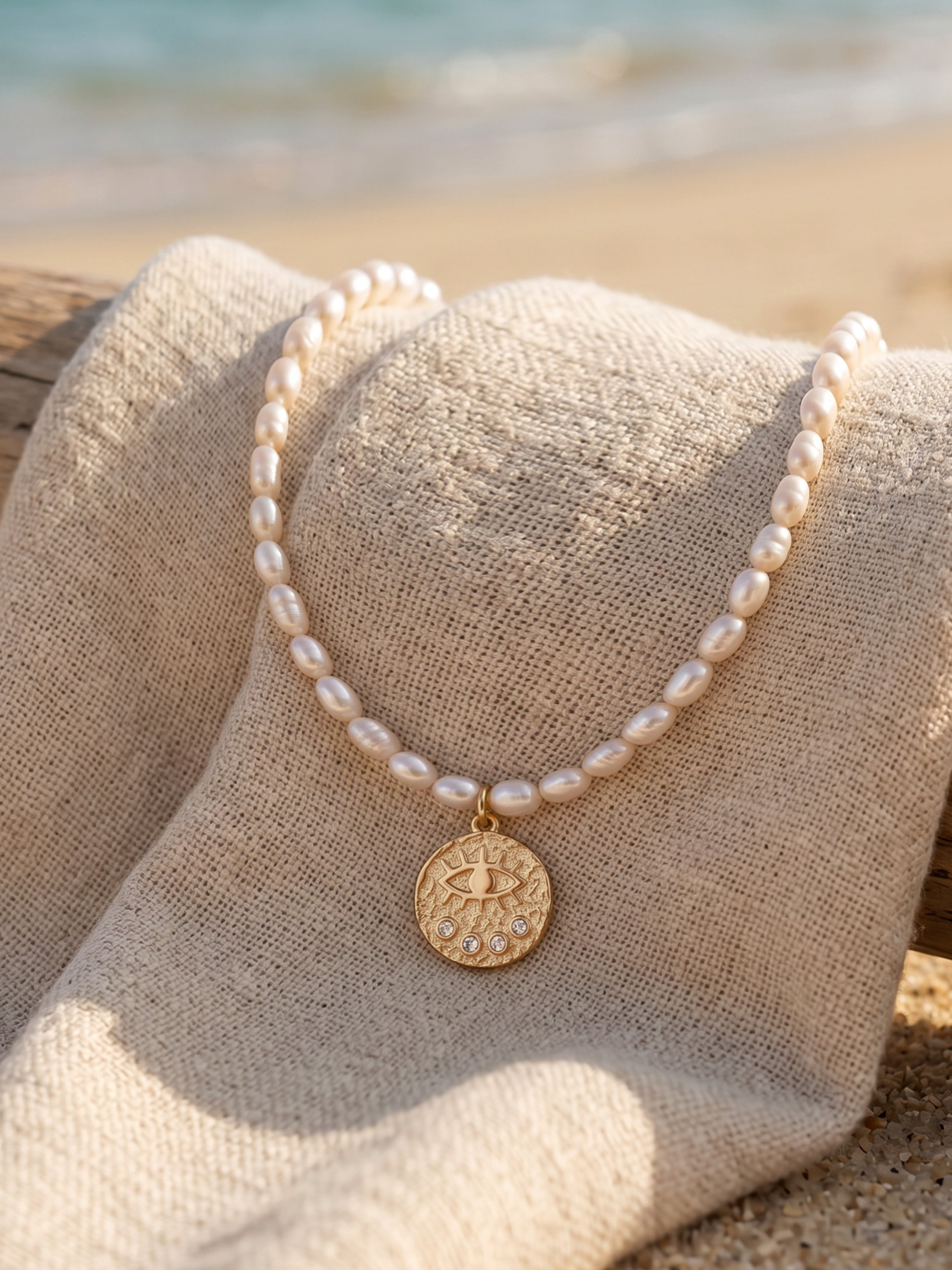 Evil Eye Pearl Coin Necklace