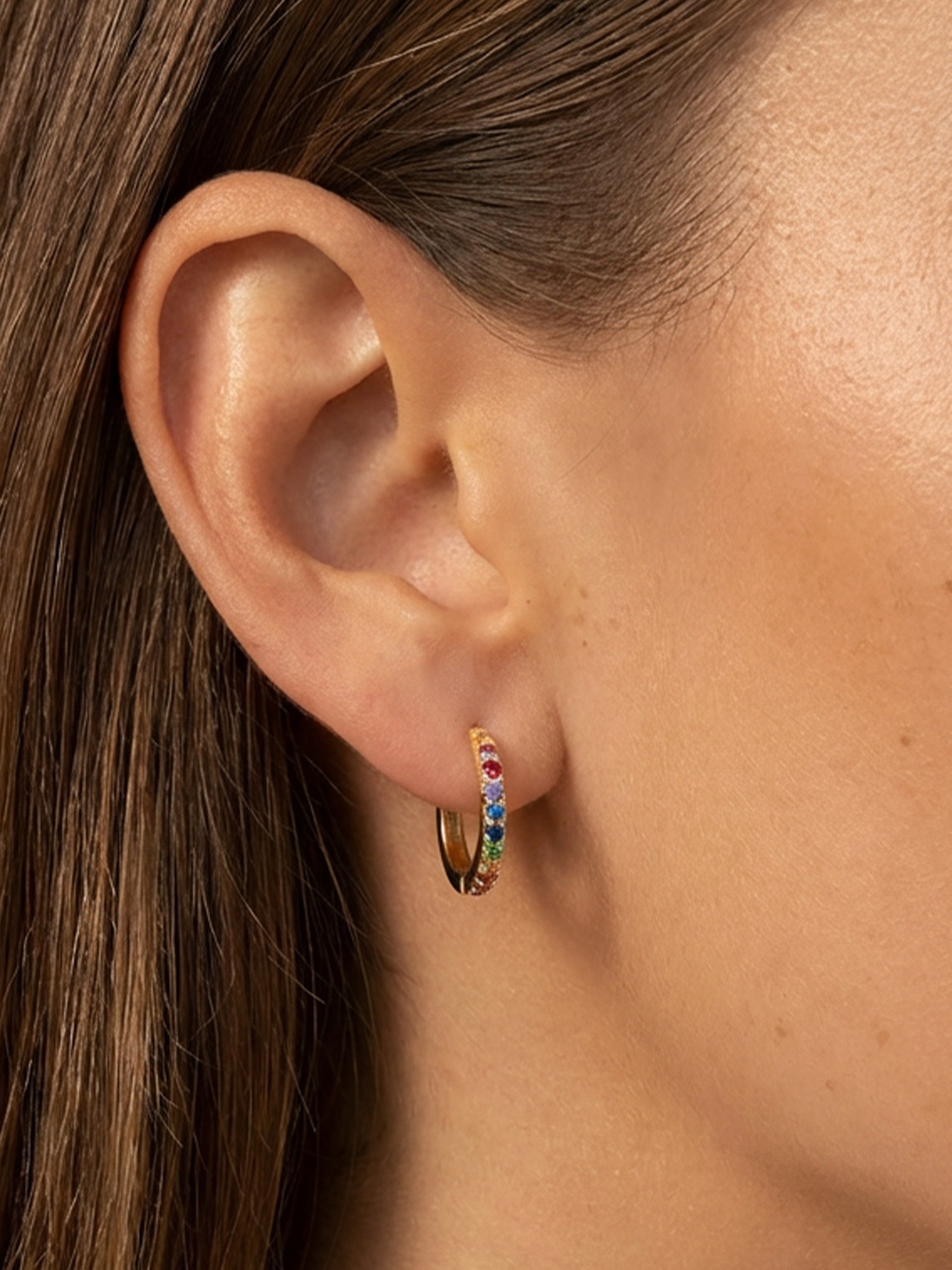 Small Rainbow Hoop Earrings With Colourful Stones