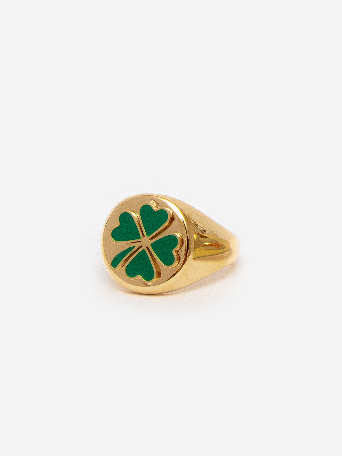 Gold Big Signet Ring With Emerald Green Clover