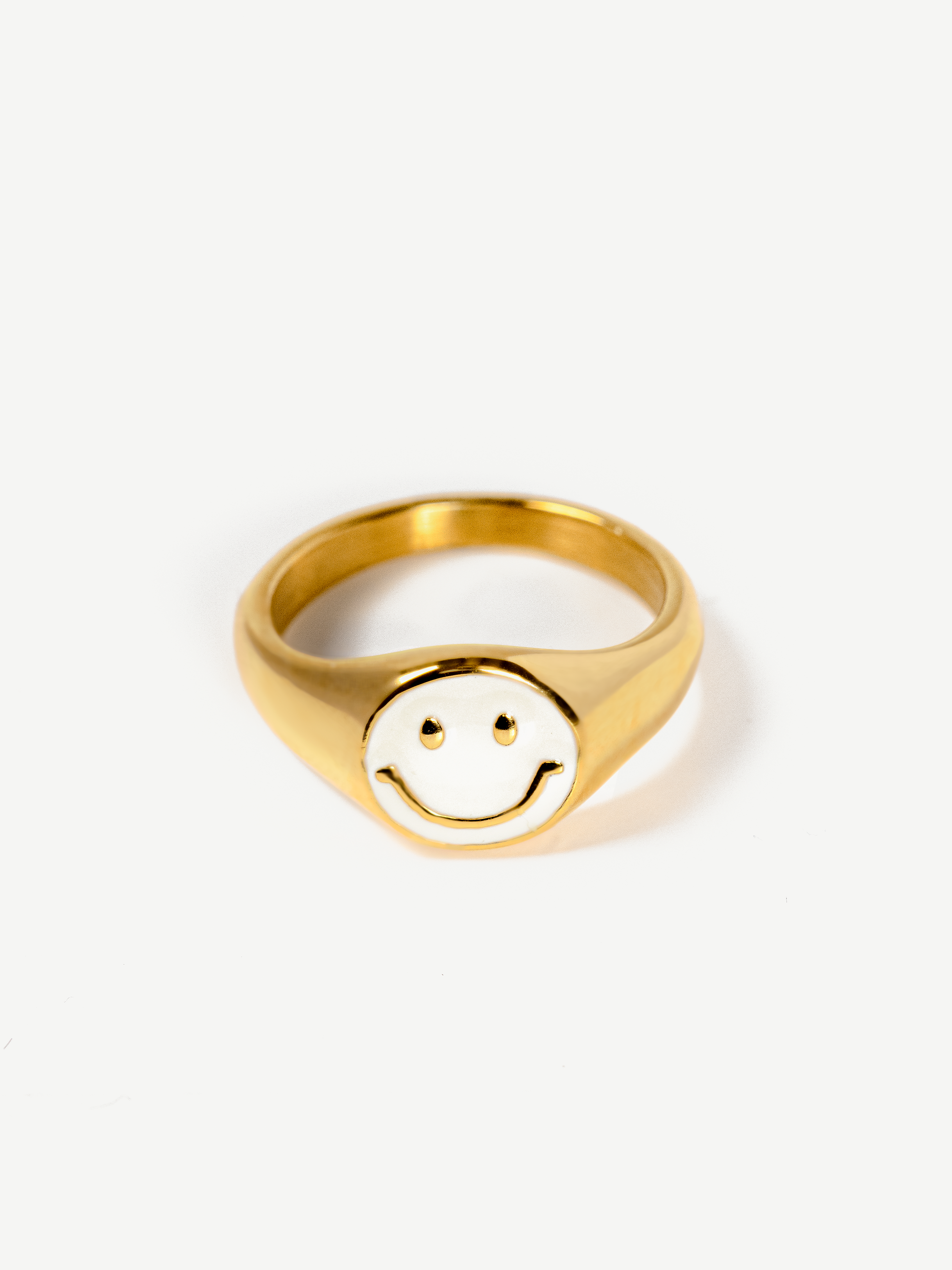 Gold Happy Face Signet Ring - White Enamel