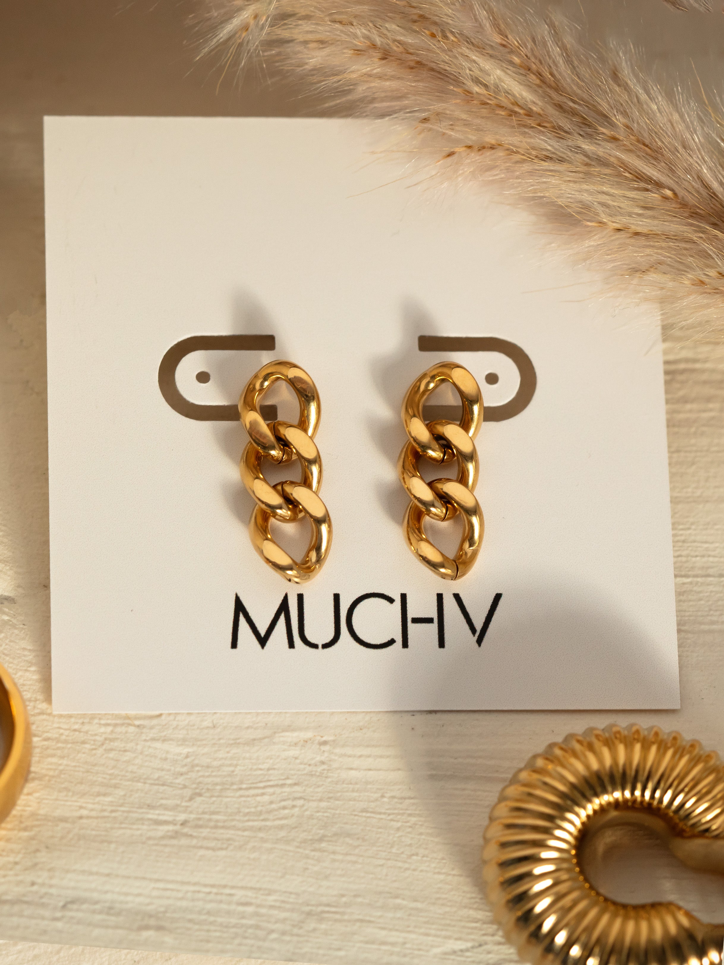 Gold Short Chain Stud Earrings
