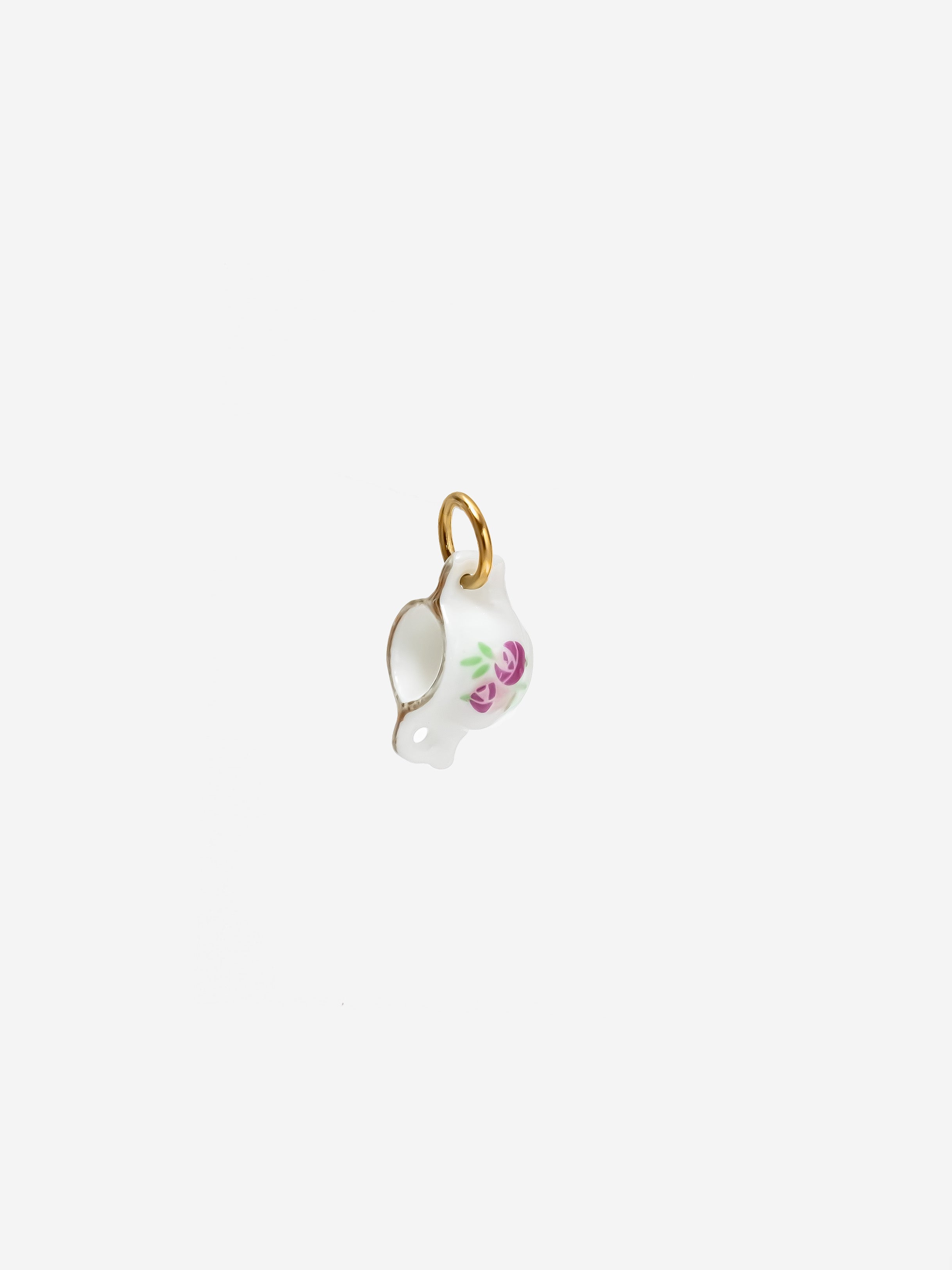 Porcelain Tea Cup Charm With Two Handles - Pink Peony (Small)