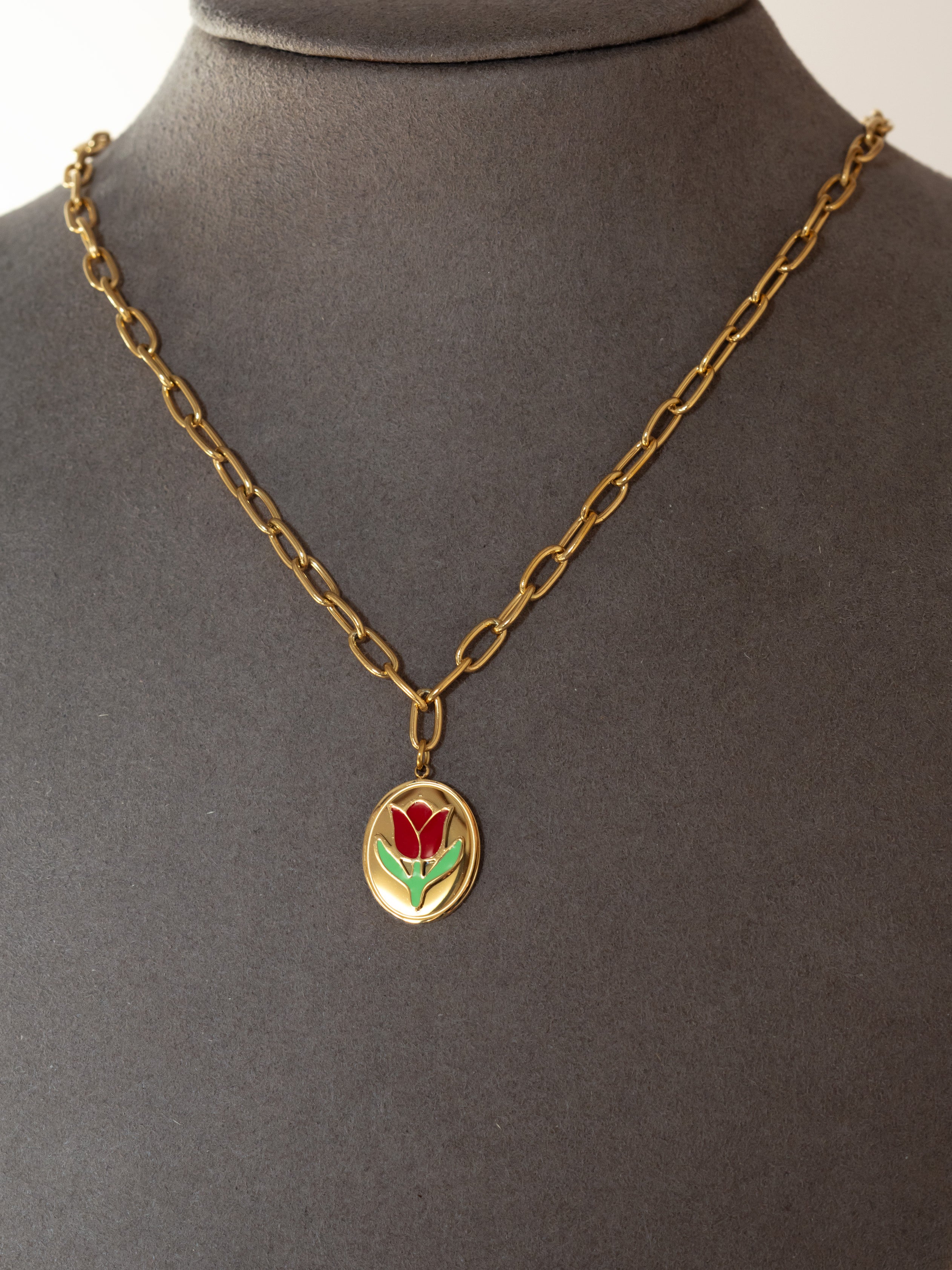 Gold Link Chain Necklace With Enamel Tulip Coin