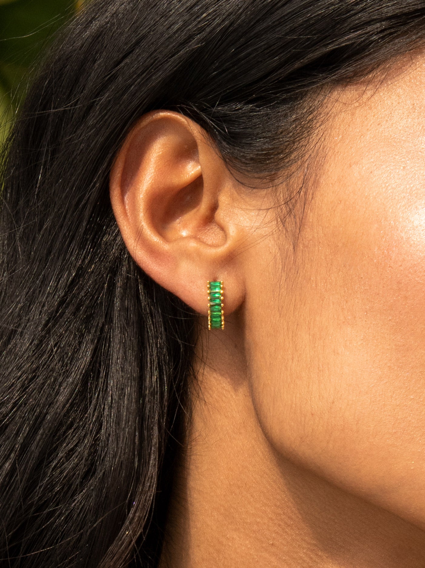 Small Huggie Hoop Earrings With Emerald Green Stones