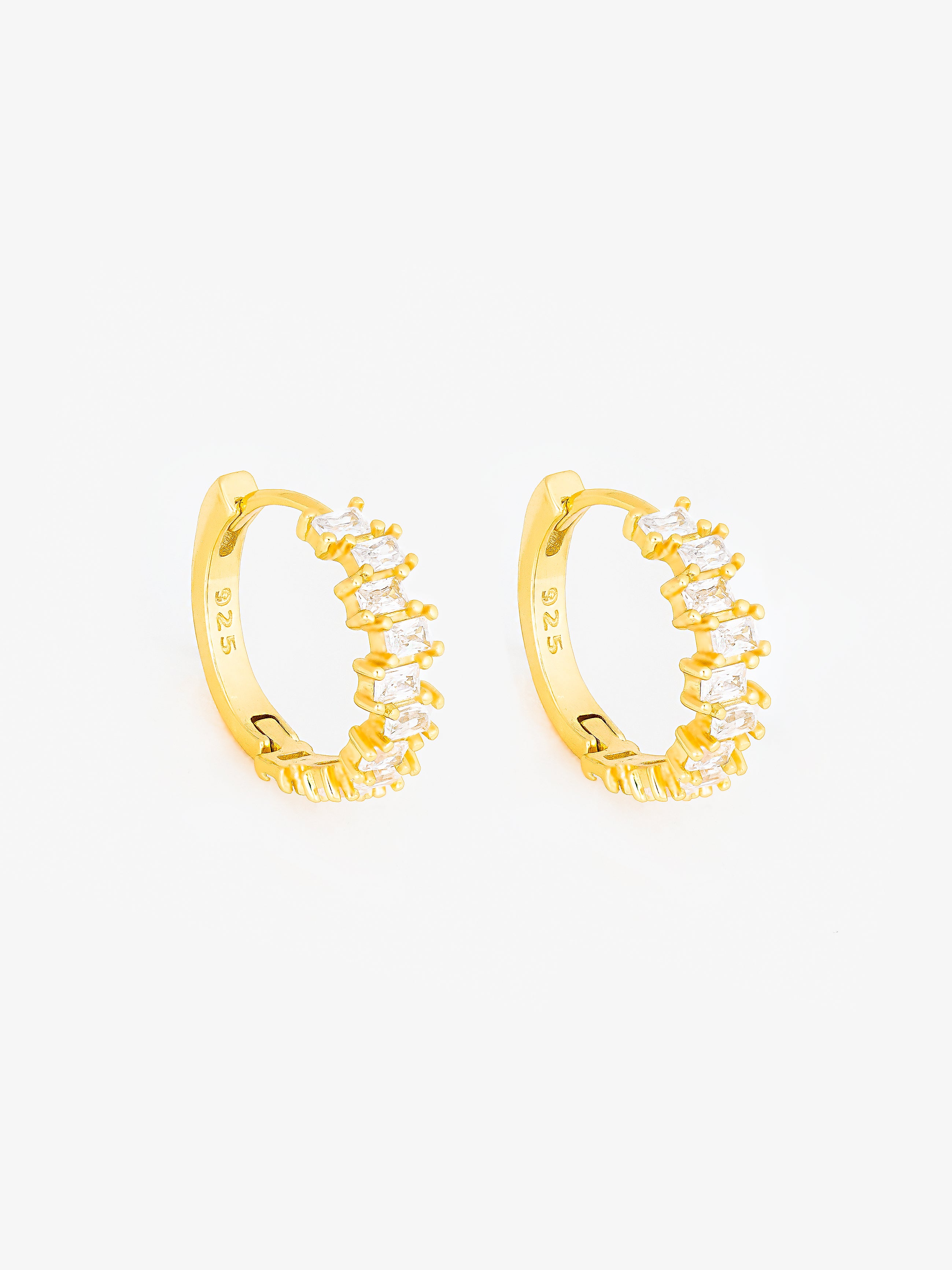 Gold Small Hoop Earrings With Sparkling Baguette Stones