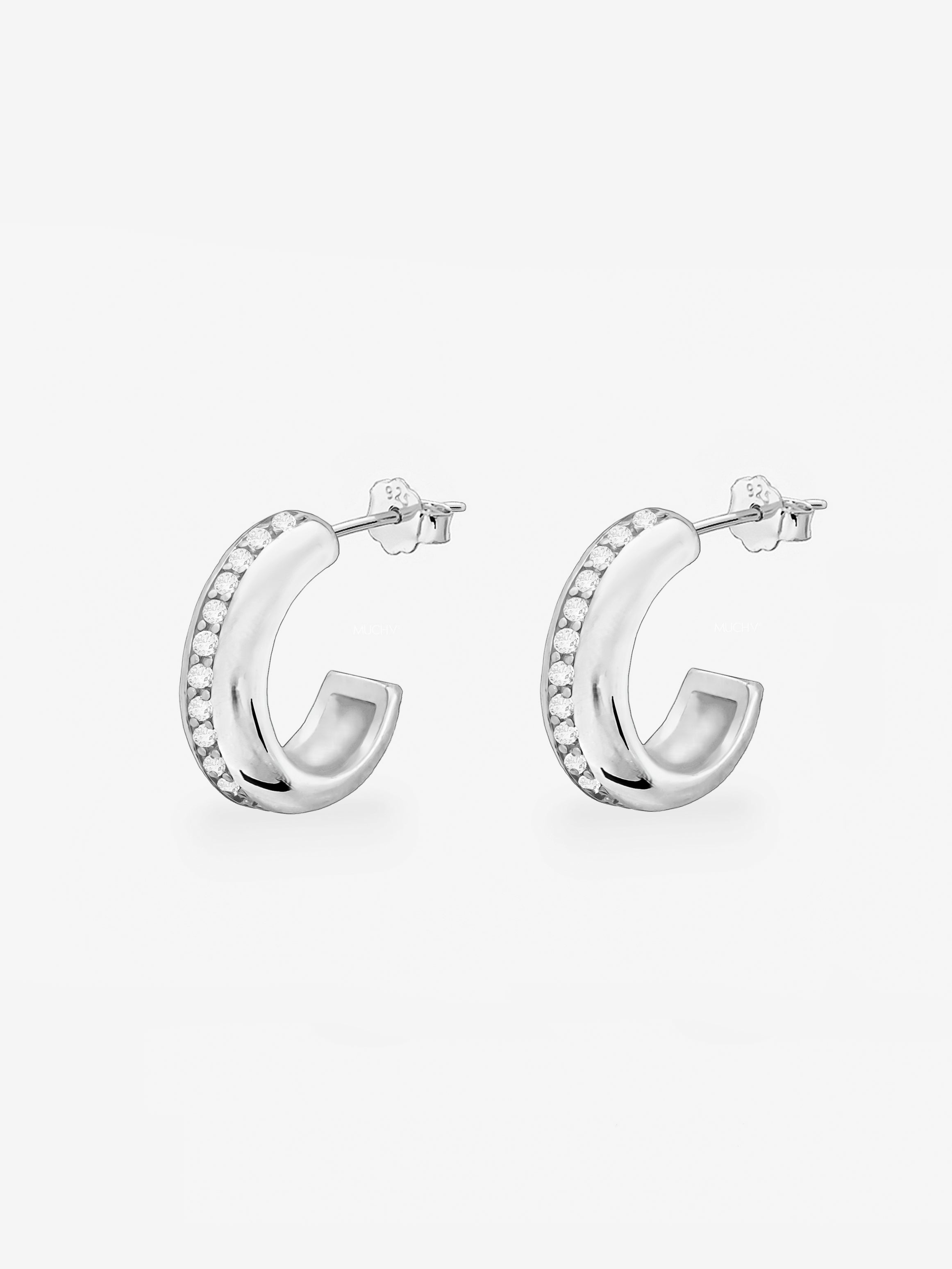Silver Thick Huggie Hoop Earrings With Stones