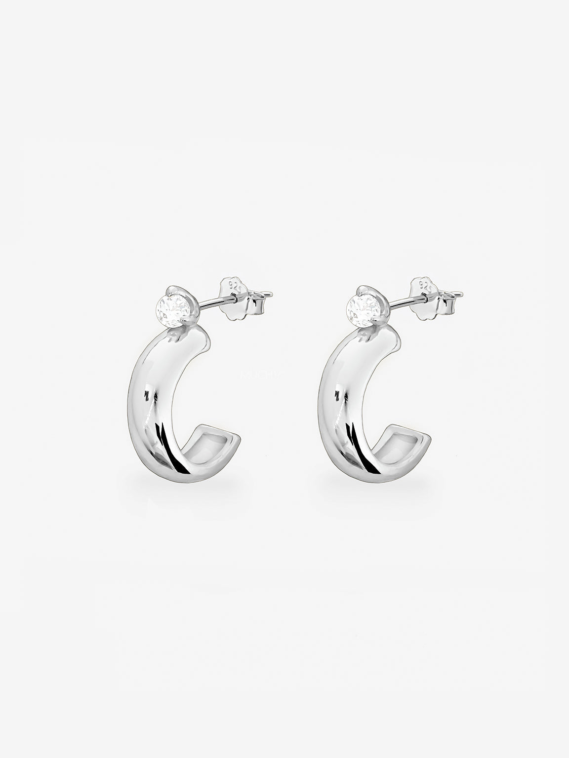 Silver Thick Huggie Hoop Earrings With Sparkling Stone