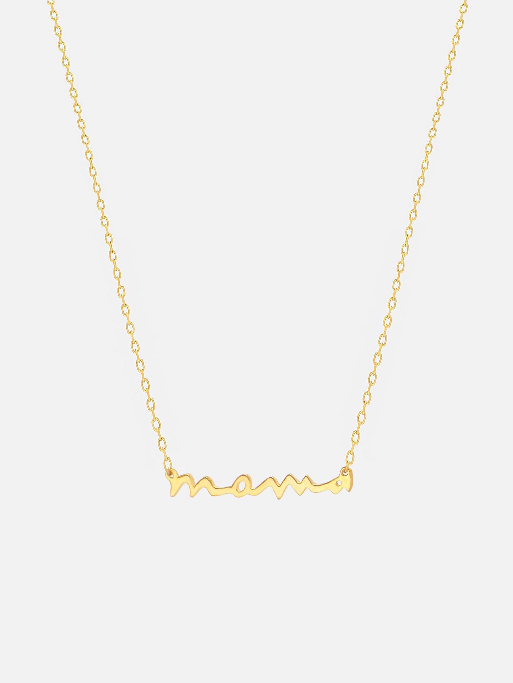 Gold necklace with the word mama in a handwritten script style.