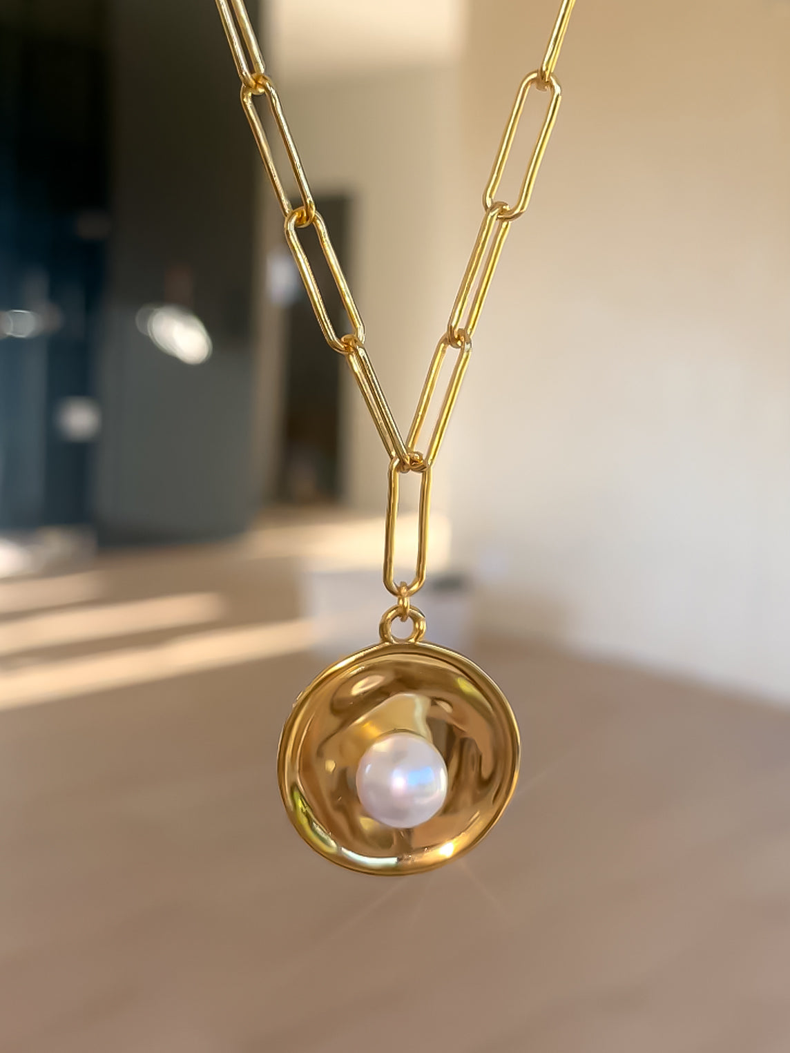 Gold Link Chain Necklace With Pearl Coin