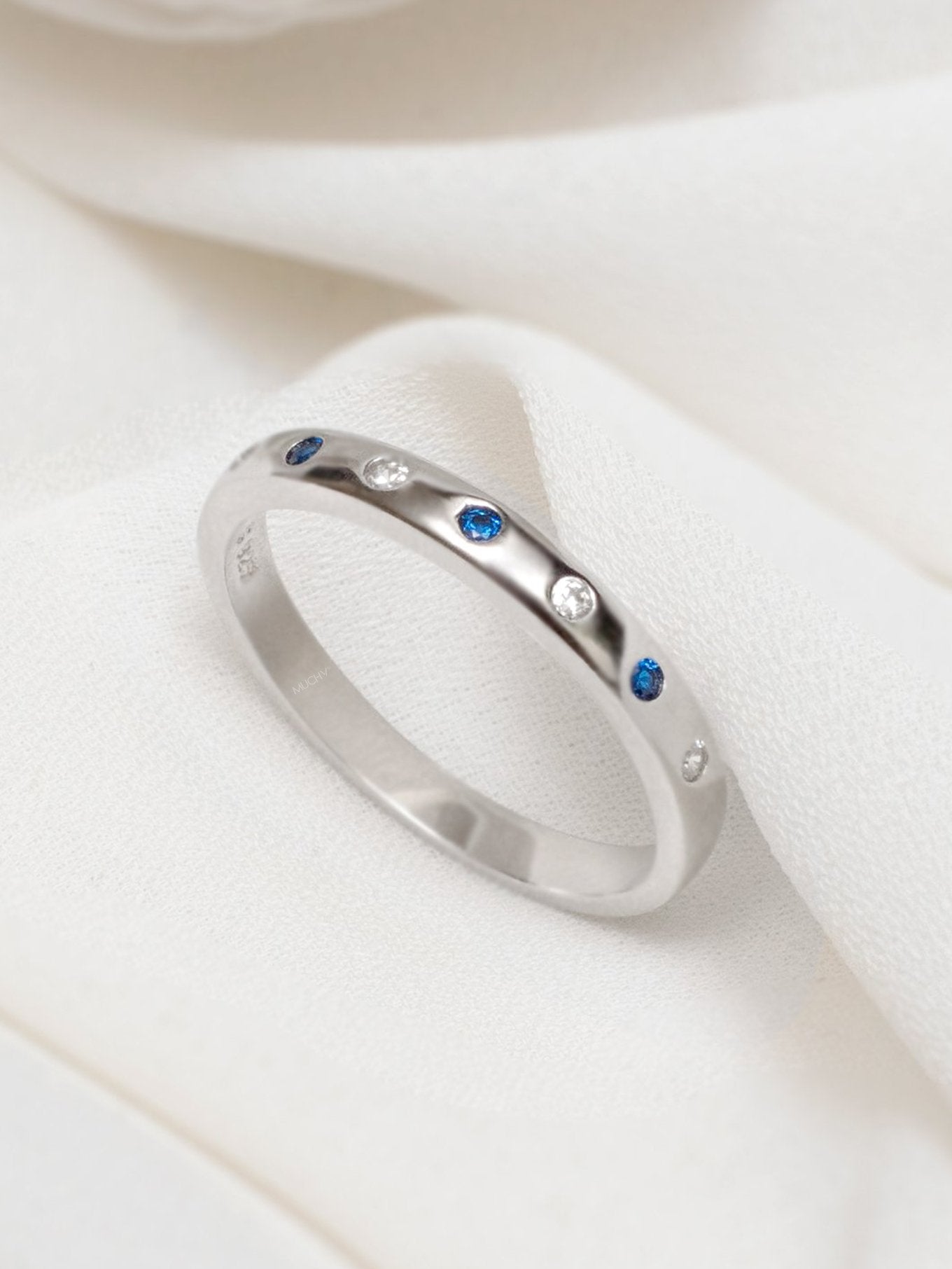 Silver Half Eternity Band - Blue Stone Stacking Ring (925 Sterling Silver) - Muchv Jewellery