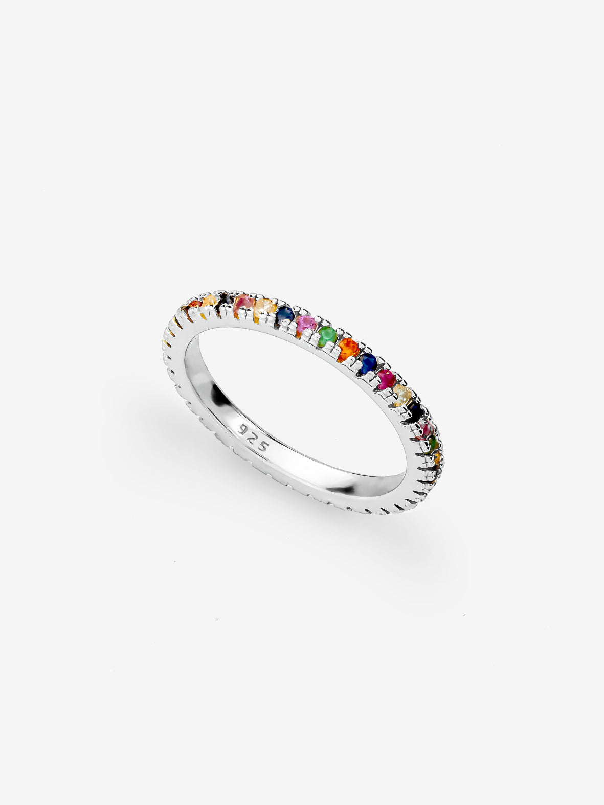 Silver Thin Stacking Ring With Rainbow Stones