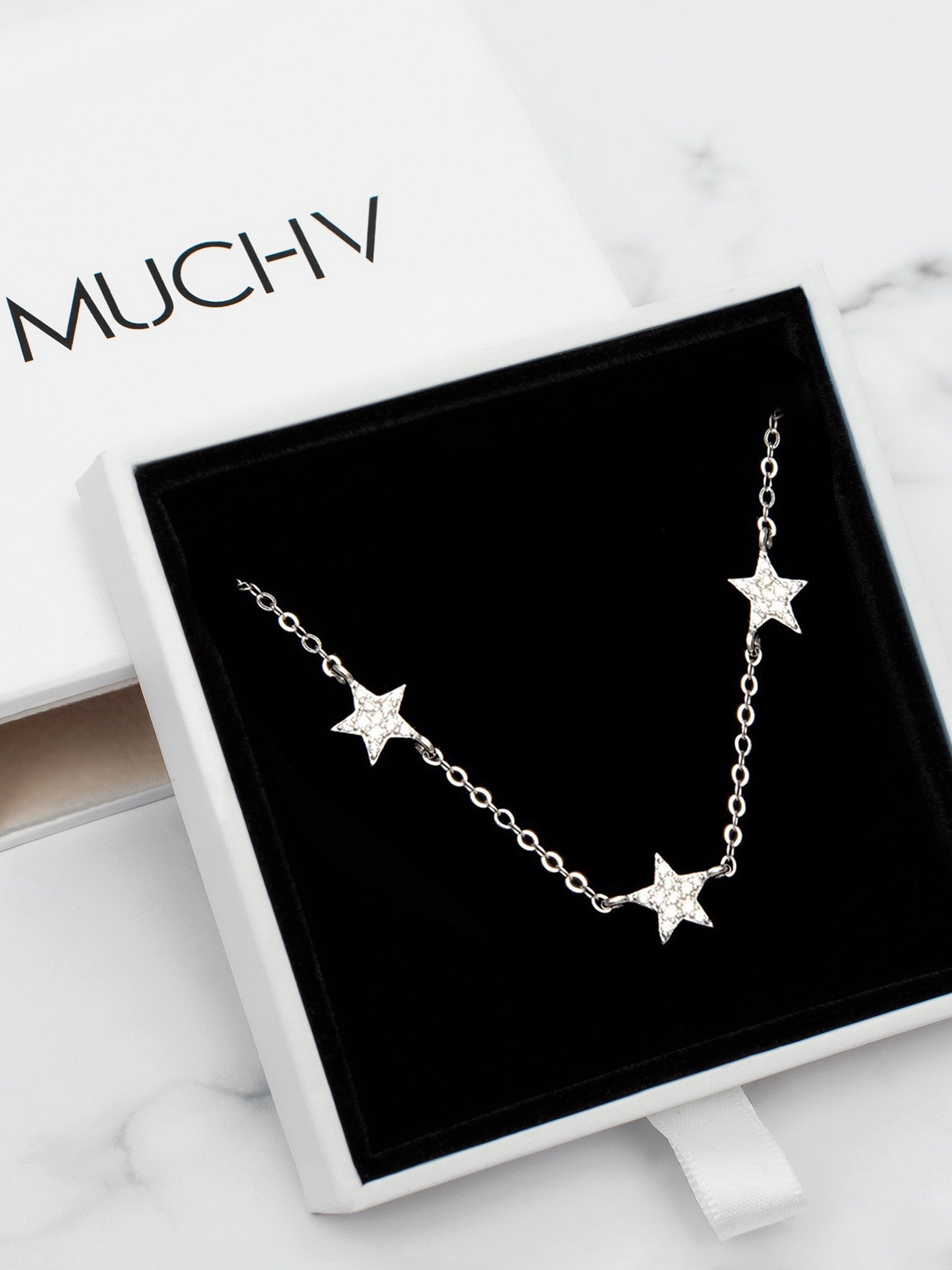 Silver Star Necklace or Choker, Five Sparkling Stars (925 Sterling Silver) - Muchv Jewellery