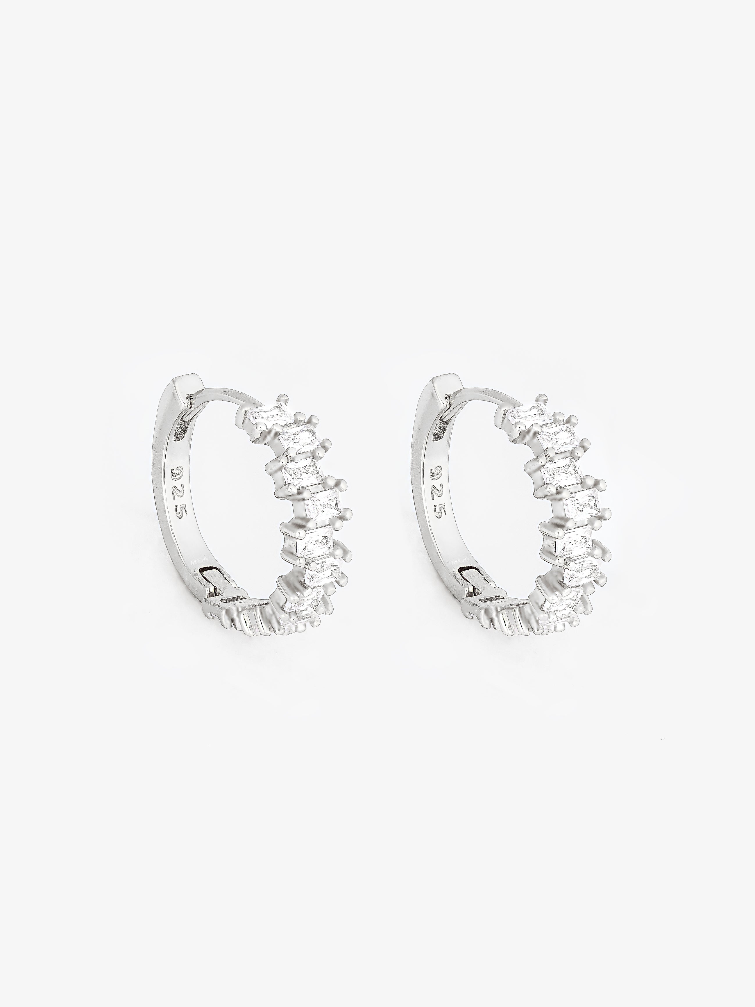 Silver Small Hoop Earrings With Sparkling Baguette Stones